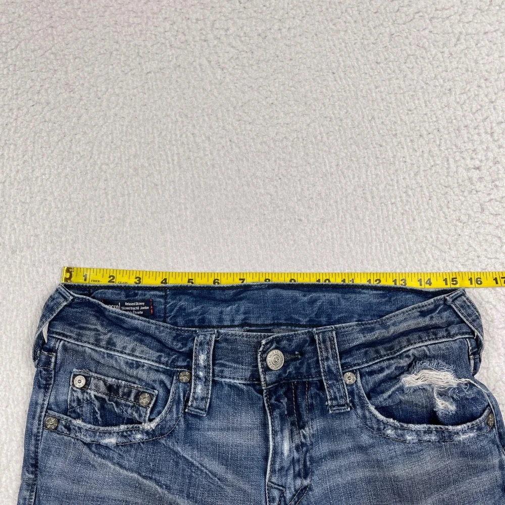True Religion Rocco Jeans Mens 29 Blue Distressed Relaxed Skinny Side Zip Moto